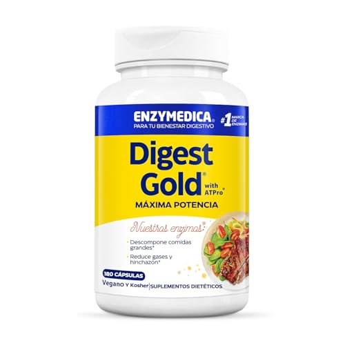 Enzymedica, Digest Gold, Fórmula Enzimática de Acción Rápida, Reduce los Gases y la Hinchazón, Mejora la Absorción de Nutrientes y la Energía, Sin Gluten, Sin Lácteos, Vegano, 180 Cápsulas