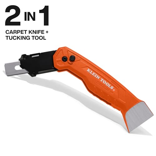 Image of Klein Tools 44310 FLICKBLADE Carpet Blade Folding Utility Knife, Two Locking Positions at 135-Degree and 180-Degree, Integrated Tucking Tool, Tool-Free Blade Change, Durable Aluminum Body