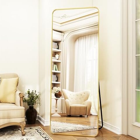 XRAMFY Full Length Mirror 23"x66", Large Floor Mirror with Rectangle Rounded Corners, Gold Aluminum Alloy Frame, Wall Mirror for Full Body, Mirrors for Wall, Standing Mirror Cover