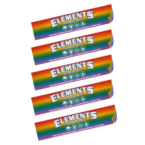 Elements Rainbow | 5 x King Size Coloured Papers Rolling Papers | Include Five Colours: Pink - Yellow - Orange - Green - Blue - 1 Pack = 32 Papers