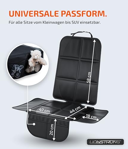 LIONSTRONG® Kindersitzunterlage Autositzschoner [ISOFIX GEEIGNET] - wasserabweisender Polyester Stoff schwarz - Sitzschutz Sitzschoner Auto Kindersitz - universell kompatibel (Schwarz)