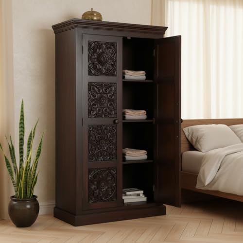 Image of APRODZ Floreale Mango Wood Wardrobe for Bedroom 2-Door Modular Wooden Almirah for Storage /Space Saving Storage Organizer Rack Clothes Cupboard for Bedroom (Brown Finish)