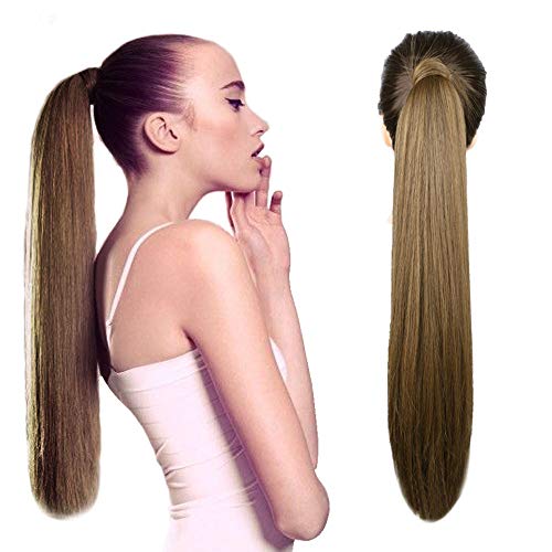 AISI QUEENS 24 inch Ponytail Extension Long Straight Wrap Around Clip in Synthetic Fiber Hair for Women (Medium Golden Brown)