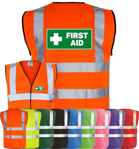 Corporate Togs FIRST AID Printed Hi-Vis Vest - Safety Waistcoat Tabard, Fastening, Health & Safety Compliant Waistcoat | Protective Safety Wear