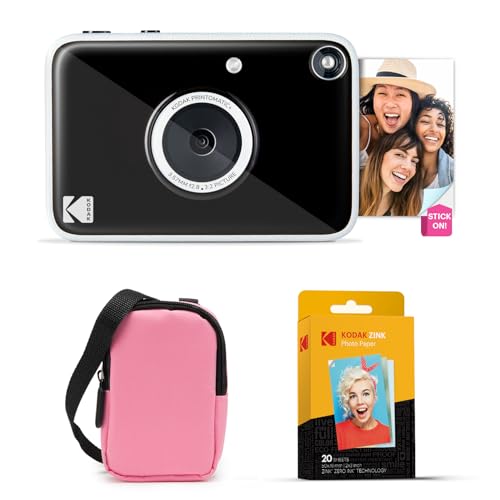 Image of Kodak Printomatic+ Instant Print Digital Camera Starter Bundle + Carrying Case (Pink) + Zink 20pk Sticky-Back Photo Paper - 10MP, Full-Color Photos, GB LED Status Indicator - Black