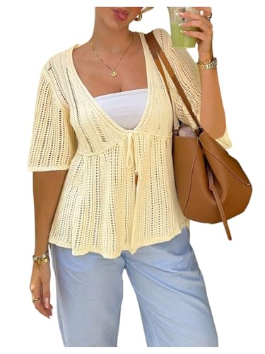 SOLY HUX Women's Crochet Knitted Cardigan Bow Tie Front Deep V Neck Half Sleeve Hollow Out Sweater Tops