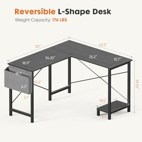 Sweetcrispy L Shaped Computer Desk - Gaming Table Corner Desk 50 Inch PC Writing Black Desk Study Desks with Wooden Desktop CPU Stand Side Bag Reversible for Home Office Dorm Small Space