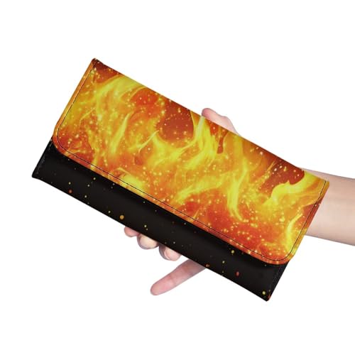 Image of AFPANQZ Leather Wallets for Women, Flame Print RFID Blocking Checkbook Wallet with Cit Card Slots Phone Holder Zip Pocket, Buckle Closure, Ladies Purse