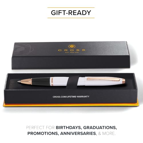 Image of Cross Calais White Lacquer Rollerball Pen with Rose Gold Appointments - Medium Point, Smooth Writing, Presented in a Luxury Gift Box