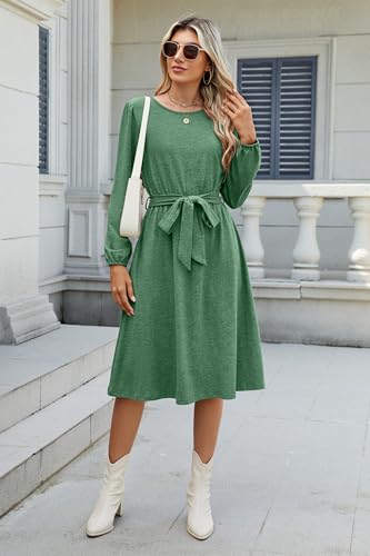 Image of Newshows Womens Long Sleeve Casual Dresses 2025 Business Work Teacher Fall Church Belted A Line Flowy Midi Dress