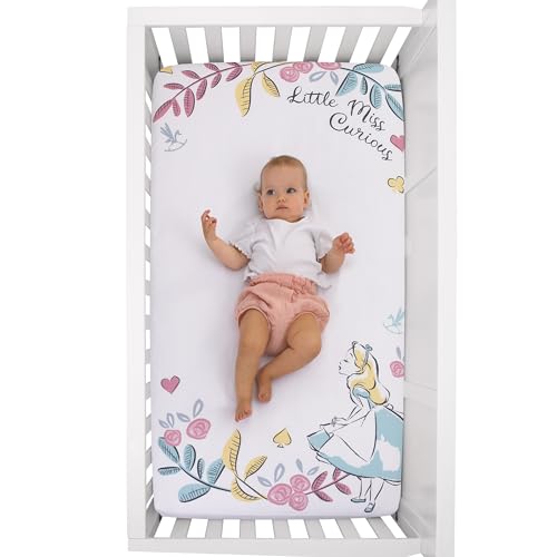 Image of Disney Alice in Wonderland Light Blue, Pink, Yellow, and White Nursery Photo Op Fitted Crib Sheet
