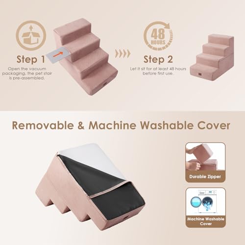 Image of EHEYCIGA Dog Stairs for Bed 18 inch H, 4-Step Dog Steps for High Bed, Pet Steps for Small Dogs and Cats, Non-Slip Balanced Pet Ramp Indoor, Pink