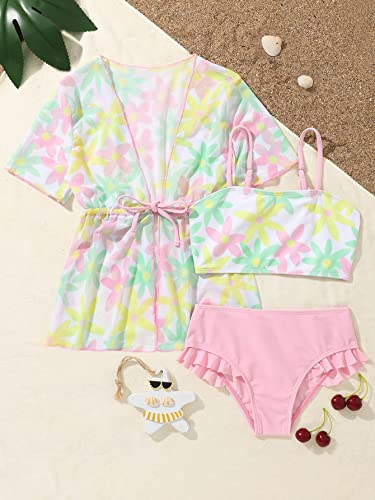 Image of Verdusa Toddler Girl's 3 Piece Swimsuit Floral Print Ruffle Trim Bikini Swimsuit with Kimono Cover Up Multicolor 6Y
