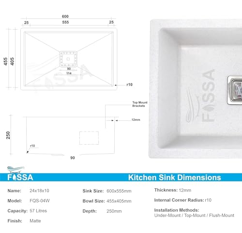 Image of Fossa 10-Year Warranty Pure Quartz Kitchen Sink 24 x 18 Inch | Single Bowl Granite Sink | Includes Waste Coupling, Waste Pipe & Strainer | Top Mount | White Matte Finish