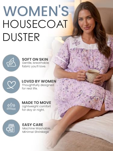 Image of Casual Nights Women's Snap - Front House Dress Short Sleeve Woven Housecoat Duster Lounger Robe with Pockets