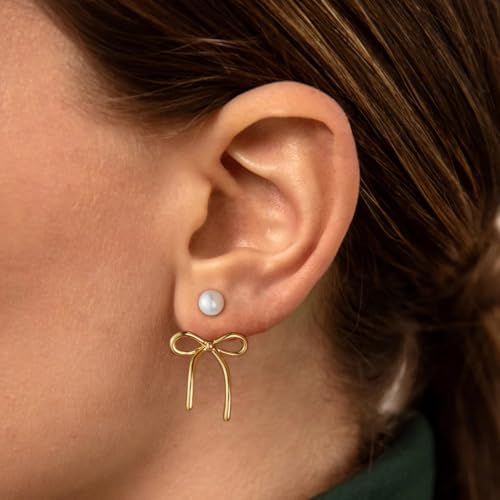 Sewyer Gold Silver Bow Stud Earrings for Women 14K Plated Gold Bow Ribbon Pearl Earring Gifts — view 4