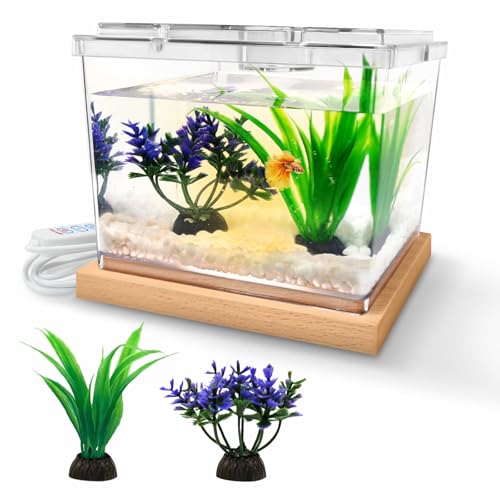 MoonOrange Mini Betta Fish Tank Kit with LED Light Base, Small Fish Bowl for Temporary Space, 0.2 Gallon Stackable Cube Tank with Artificial Plants for Small Fish, Insect, Shrimp, Crab, Spider (Kit-2)