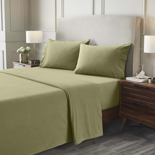 Flannel Brushed Cotton Bed Sheet Set, Soft, Warm Bedding, Modern Solid Sheets, Bedroom Decor, Trellis Collection, 1 Flat Sheet, 1 Elastic Deep Pocket Fitted Sheet, 2 Pillowcases, California King, Sage