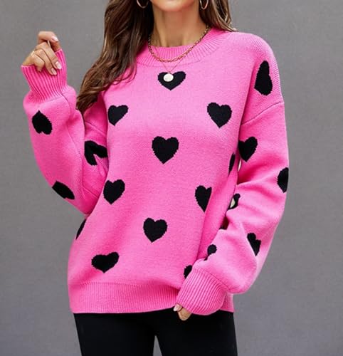 Women's Cute Heart Sweater Love Print Valentine Romantic Knitted Top Casual Crewneck Long Sleeve Sweaters Pullover4