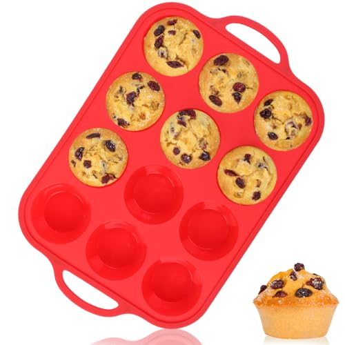Image of CAKETIME Silicone Muffin Pan with Metal Reinforced Frame Regular Size Muffin Pan with Handle Easy to Move 12 Cups for Baking Nonstick Muffin Tin BPA Free 1 Pack Red