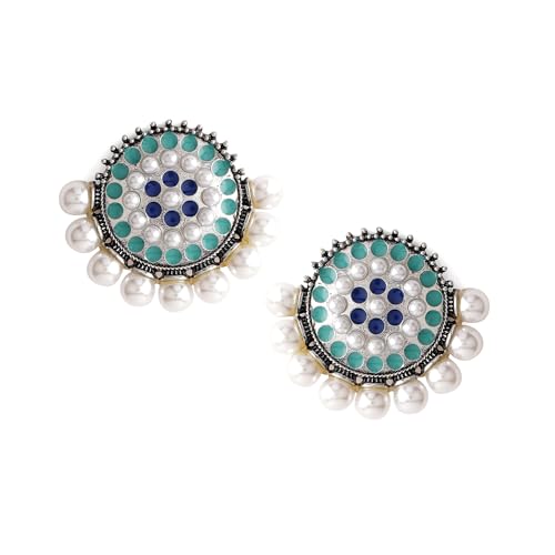 Rubans 22K Gold Plated Handcrafted Traditional Aqua Blue and White Studded Round Earrings with Pearl Drops for Women and Girls, Perfect for any Festive & Special Occasions (B0D6RGQ32G) Amazon Price History, Amazon Price Tracker