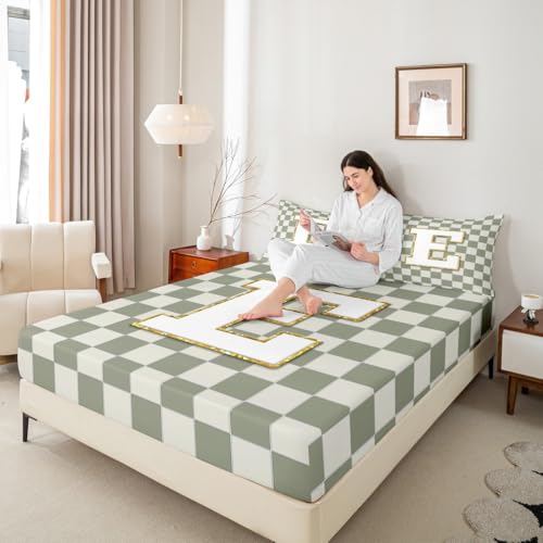 Image of Erosebridal Sage Green Checkered Sheet Set Full Plaid Initial E Bed Sheets Personalized Monogram Bedding for Kids Boys Girls,Fashion Grids Gingham Bed Sheets Set 4 Piece
