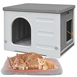 Waterproof Cat House for Outdoor Cats, Plastic Feral Cat House with Escape Door and Soft Mat, Large Indoor Cat House for Mutiple Cats - Grey