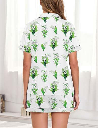 Image of Veseacky Women Satin Pajamas Set 2 Piece Button Down Short Sleeve Soft Sleepwear with Pockets