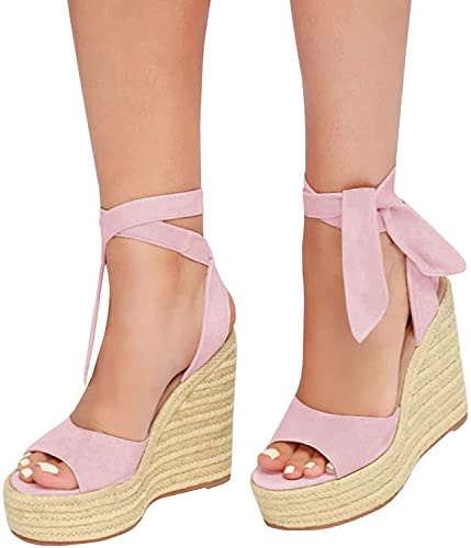 Image of SERAIH Womens Lace up Espadrilles Platform Wedges Sandals Heels Tie Ankle Strap Summer Dress Shoes