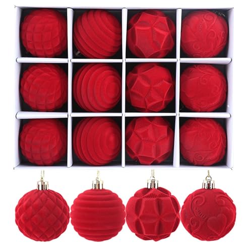 12 palline di Natale rosse, palline di velluto rosso, palline per albero di Natale floccate, palline di velluto colori vivaci, ornamenti da appendere per albero di Natale