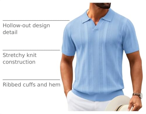 Image of COOFANDY Mens Knit Polo Shirts V Neck Textured Polo Shirts Short Sleeve Breathable Polo Casual Collared T Shirt Fashion Tops