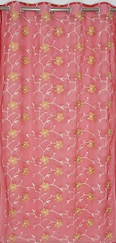 Image of Homefab India Embroidery Floral Net Transparent Sheer Curtain - 7X4 Feet, Door Curtains, Maroon, Pack of 1 Pc