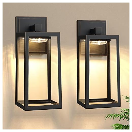 2-Pack Outdoor Wall Light Fixtures, Waterproof Exterior Wall Sconces with 3 Colors Adjustable, Black Wall Lanterns with Glass Shade, LED Porch Lights Wall Mounted for Garage Patio Hallway Front Door