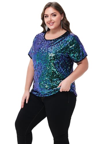 Anna-Kaci Women's Sequin Tops Plus Size Round Neck Sparkle Glitter Short Sleeve Party Tunic Blouse4