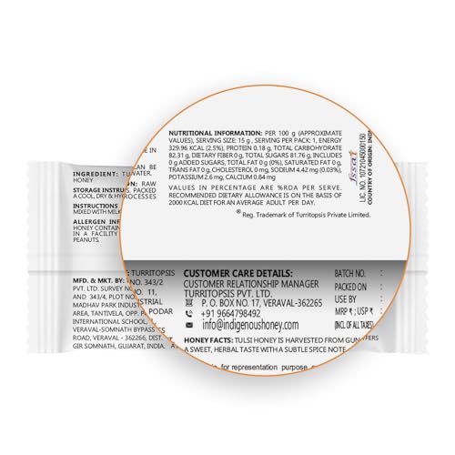 Image of INDIGENOUS HONEY Natural Raw Tulsi Honey Organic Pure Unprocessed Added Sugar free NMR Tested Unpasteurized Unheated - 15 Gift Sachets, 15g Each, Total 225g