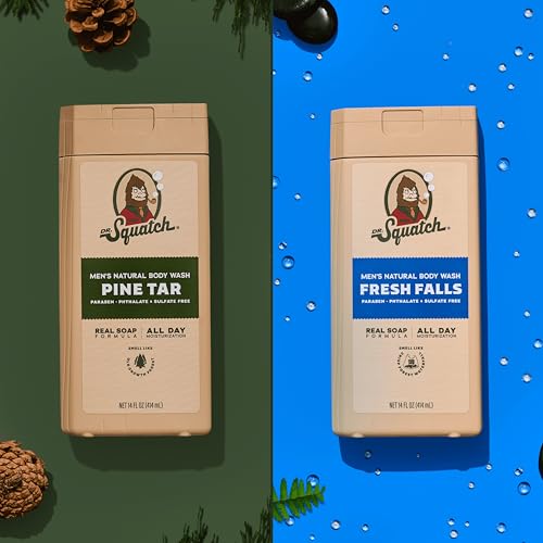Dr. Squatch NEW Body Wash for Men with Nourishing, Natural Ingredients | No Paraben, Phthalate, Sulfate | All Day Moisture | Long Lasting Scent | Pine Tar & Fresh Falls (14 oz, 2-Pack)