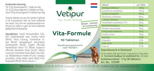 Vetipur Vita-Formel - 90 Tabletten - Rundumversorgung mit Ginseng, Teufelskralle, Ingwer, Mariendistel, Löwenzahn, Brennnessel, Weissdorn und Gingko Biloba - Futterergänzung für Hunde