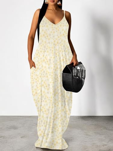 Image of Women Spaghetti Strap Maxi Dress with Pockets | Soft fabric relaxed fit sleeveless v neck with pockets for party and daily wear