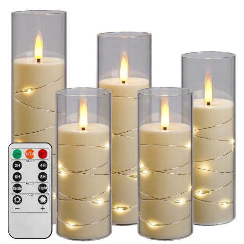Da by Candela LED con luce a corda, candela alimentata a batteria con telecomando e timer 24 ore, candela lucida senza fiamma per la decorazione domestica (Bianca, set di 5)