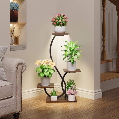 Image of BACEKOLL Plant Stand Indoor with Grow Lights - S-Shaped Plant Shelf, Lighted Corner Plant Stands for Indoor Growing, 32 inch Metal Flower Holder, 4 Tiered Decorative Shelves for Home, Hallway, Black