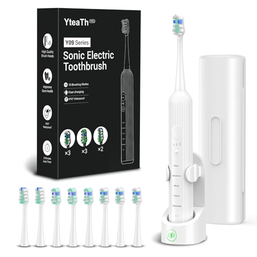 Brosse à dents sonique électrique pour adultes et enfants, 5 modes de brossage, 3 niveaux d'intensité, minuterie, 8 têtes de brosse de rechange, étui de...