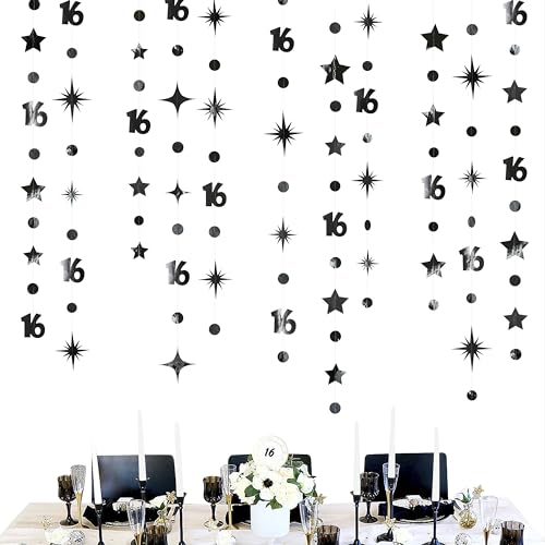 Image of Black Number 16 Circle Dot Twinkle Star Garland Metallic Streamer Bunting Banner Backdrop Decorations for Girls Happy 16th Birthday Sweet Sixteen 16th Anniversary Cheers to 16 Years Party Decor