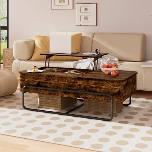 PURFINO Lift Top Coffee Table - 3-Compartment Industrial Tables, Pull-Out Drawer, Sturdy Metal Frame & Concealed Storage, Centre Table for Living Room, Compact Space, Home Office