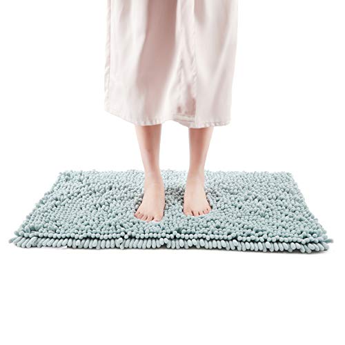 FRESHMINT Chenille Bath Rugs Extra Soft Fluffy and Absorbent Microfiber Shag Rug, Non-Slip Runner Carpet for Tub Bathroom Shower Mat, Machine-Washable Durable Thick Area Rugs (20" x 32", Blue)
