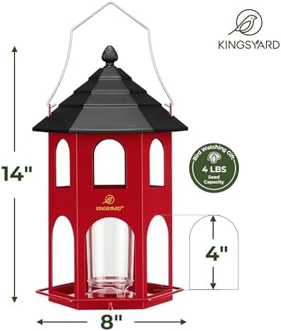 Kingsyard Metal Bird Feeder for Outdoor Hanging, Wild Bird Feeders with Circular Perch, Easy to Clean & Refill, 4 lbs Large Seed Capacity, Red — view 4