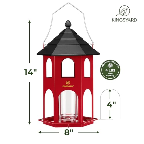 Kingsyard Metal Bird Feeder for Outdoor Hanging, Wild Bird Feeders with Circular Perch, Easy to Clean & Refill, 4 lbs Large Seed Capacity, Red by Kingsyard - Image 5