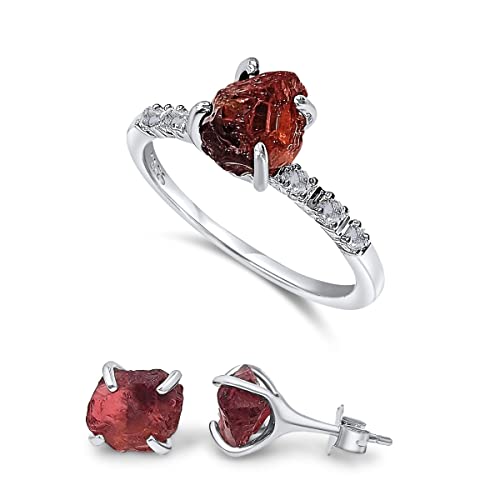 Raw Stone stud Earrings and Dainty Ring Jewelry Set Birthstone White Gold and Solid 925 Sterling Silver gift for by Uniquelan Jewelry