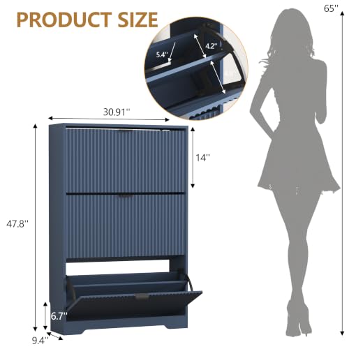 Image of HUANLEGO Shoe Cabinet Storage for Entryway with 3 Flip Drawer, Blue | Fluted Shoe Cabinet with Adjustable Shelves, Hidden Shoe Rack for Entryway, Freestanding Narrow Shoe Organizer for Hallway