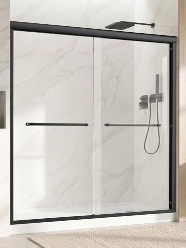 Shower Door, 62-66" W x 72" H Semi-Frameless Double Sliding Shower Door, 1/4" (6mm) Clear Tempered Glass, Reversible Shower Glass Door for Walk-in Shower, Matte Black Aluminum Frame