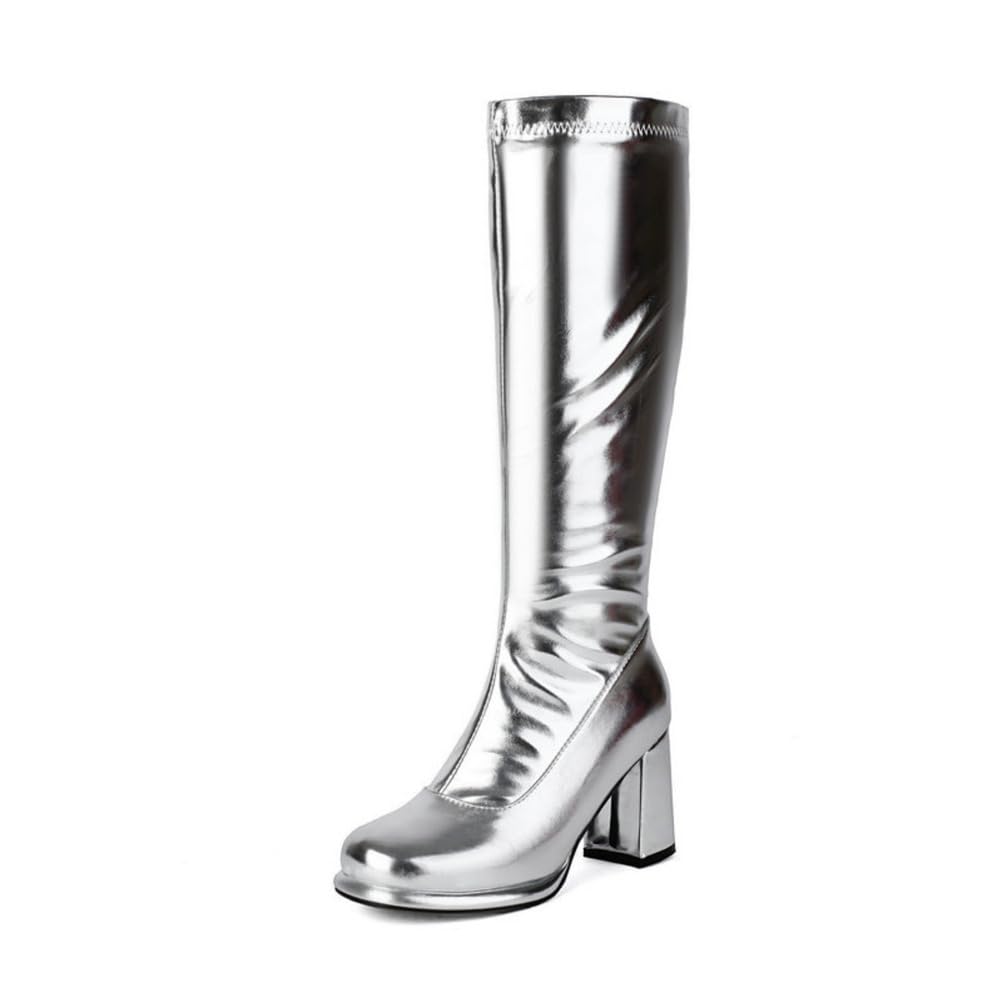 Womens Winter Square Toe Knee High Boots Chunky Block Heel Wide Calf Patent Leather Waterproof Long Tall Boots